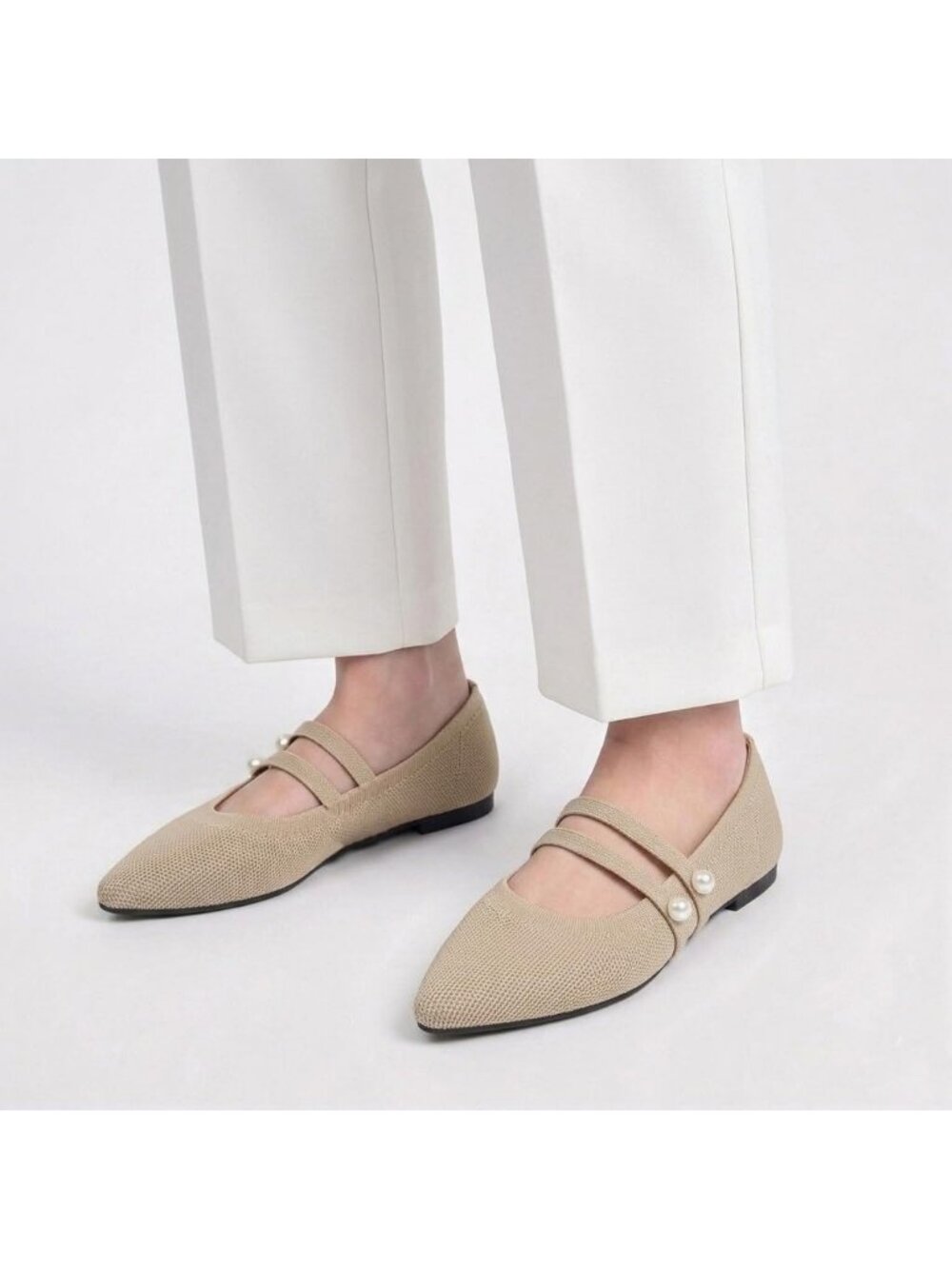 Women's Beige Rubber Knit Pointed Toe Double Strap Ballet Flat Breathable Shoes - Picture 5 of 6